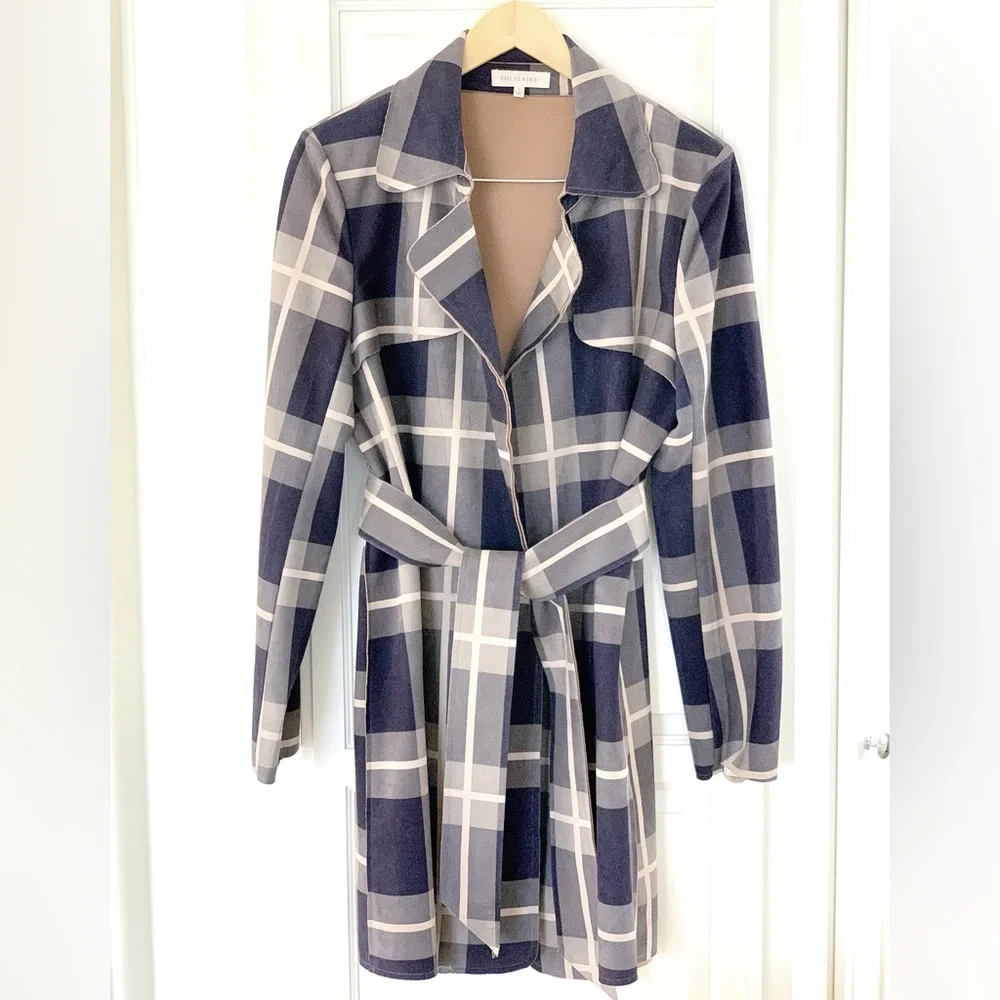 🧥SOLITAIRE Plaid Faux Suede Trench Coat - Picture 2 of 11